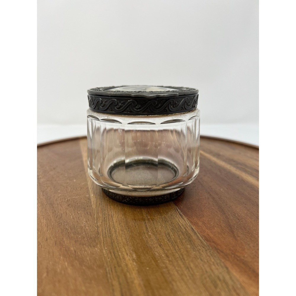 Antique Glass Jar Ornate Metal Lid Portrait Miniature Art Deco Vanity Container